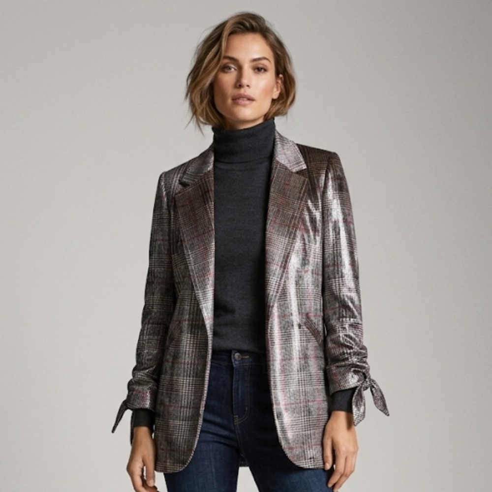 River Island Metallic Plaid Blazer in Silver and Brown